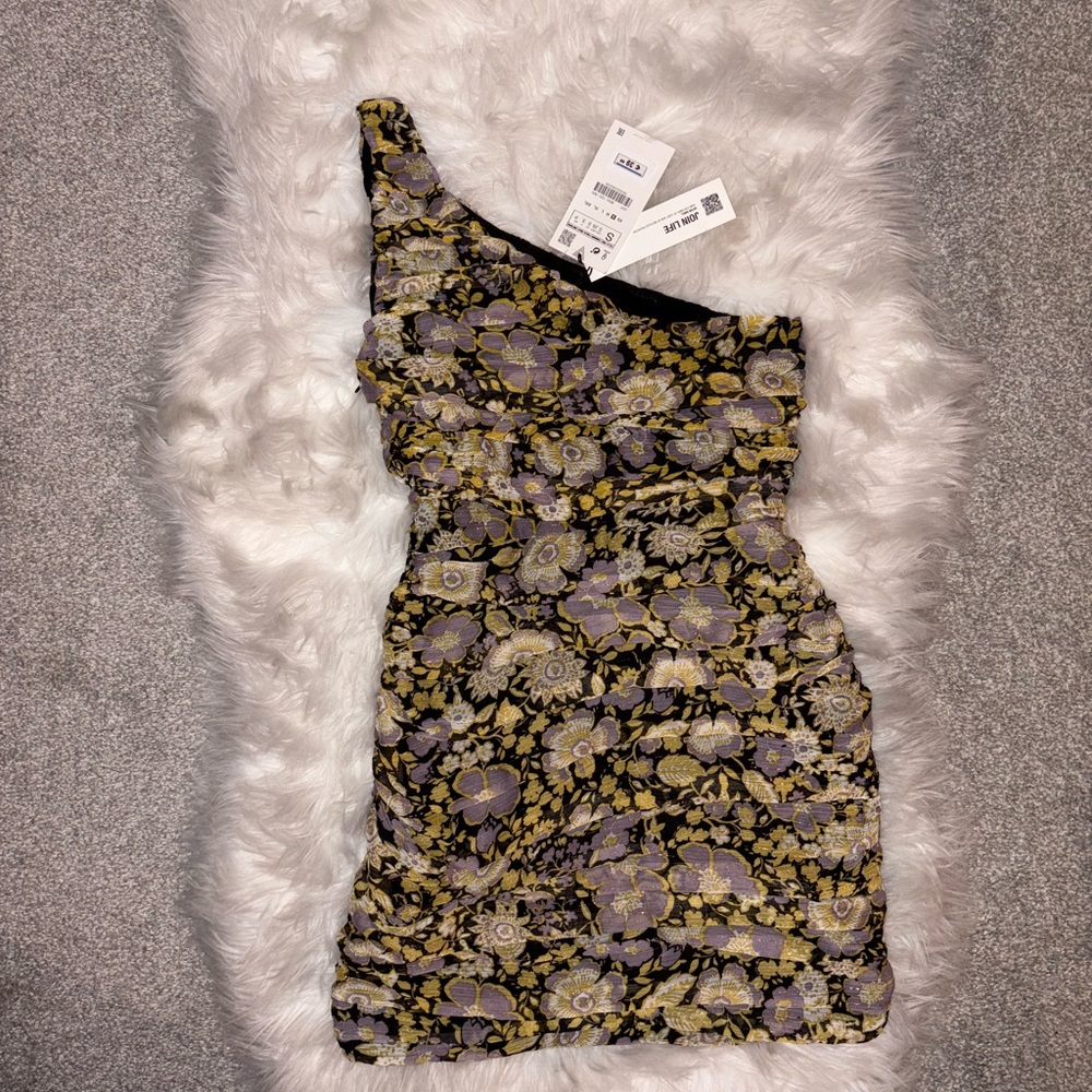 Floral One-Shoulder chiffon mini Dress NEW